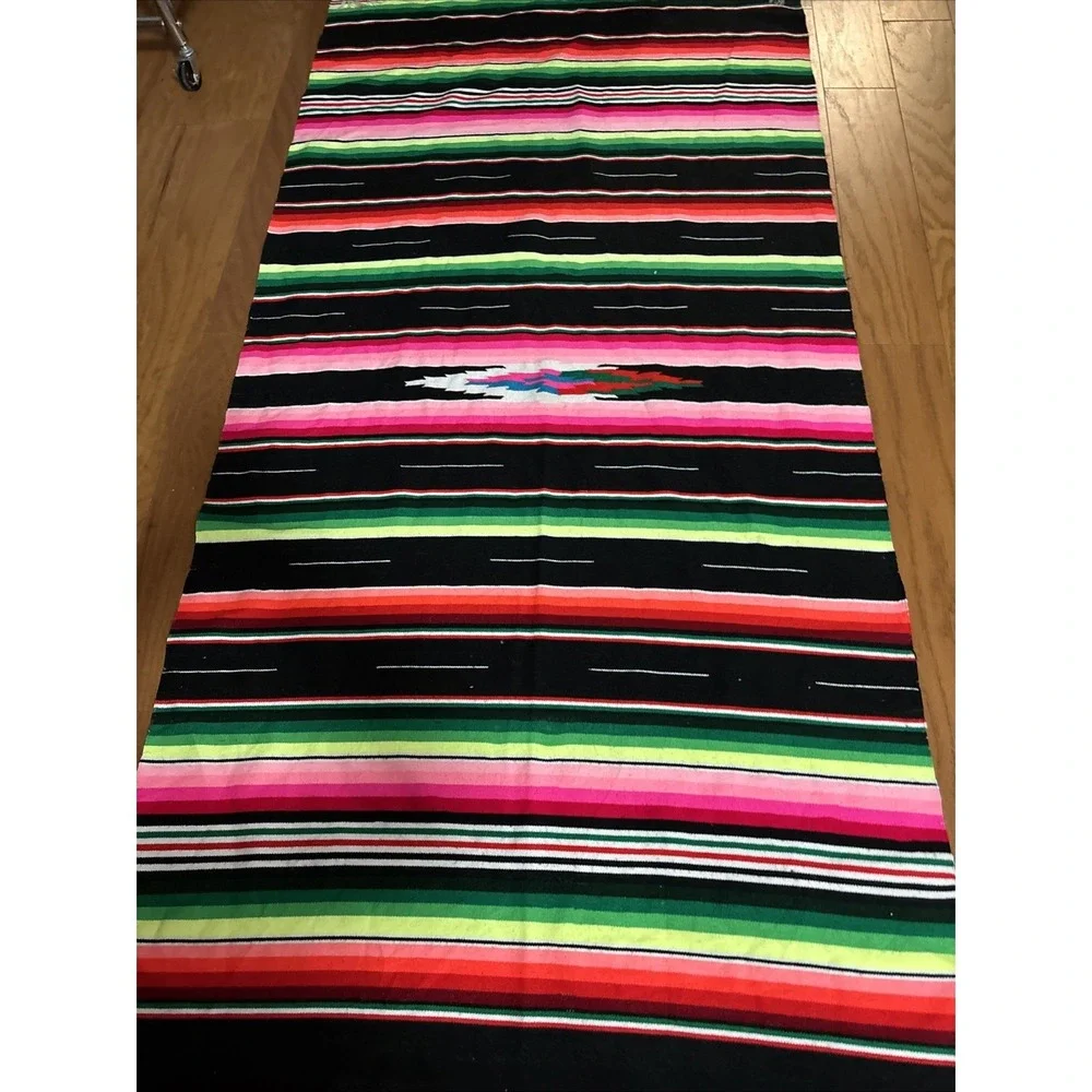Traditional Colorful Striped Fringed Woven  Mexican Blanket 7' X 3'